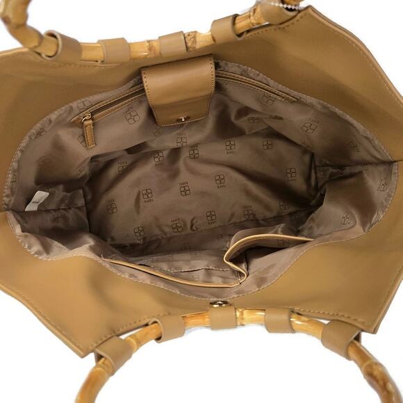 Iman Global Chic Women's Black Straw Tan Vegan Leather Handbag Tote - Picture 5 of 5